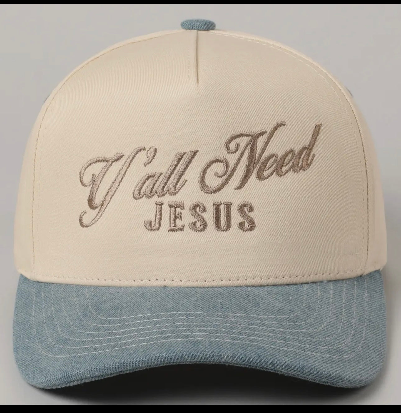 Y’all Need Jesus – Tan & Denim Embroidered Trucker Hat