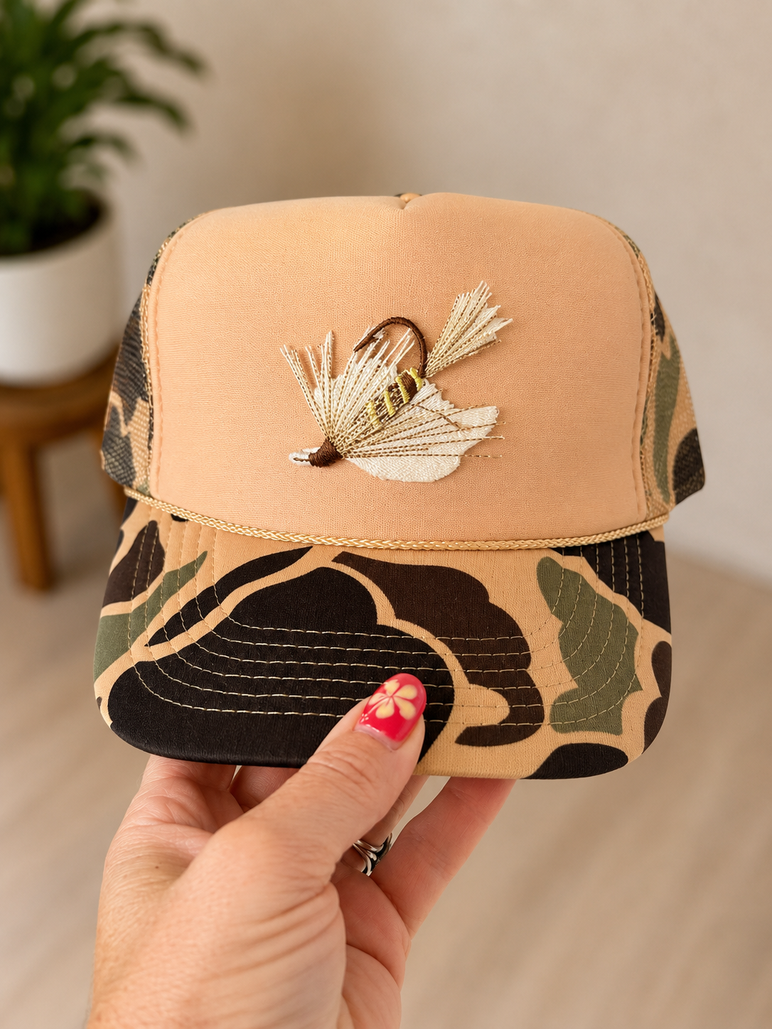 Driftwood fly, camo trucker hat