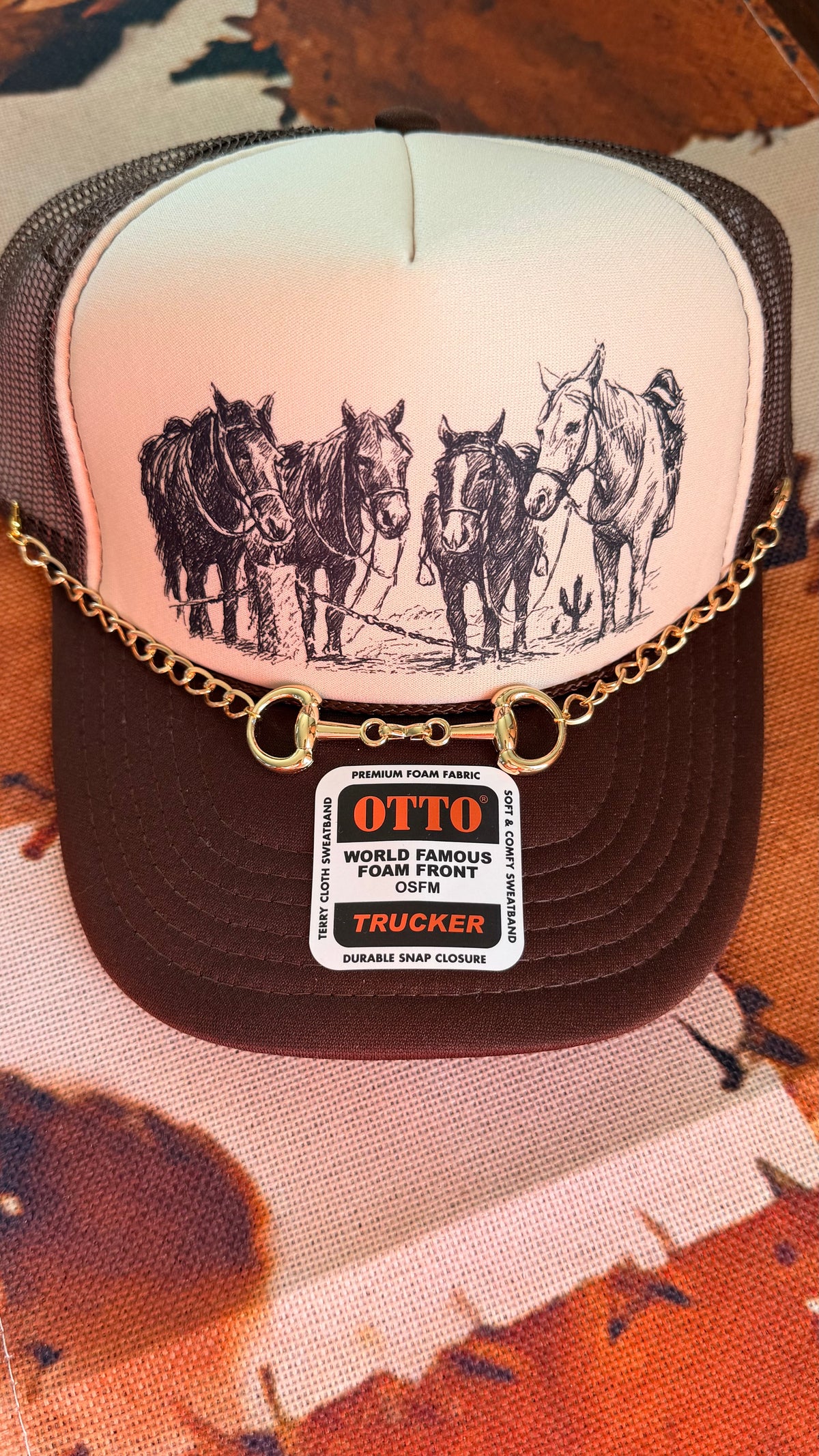 Western Horse Sketch Trucker Hat with  Bit Chain – Brown & Cream Otto