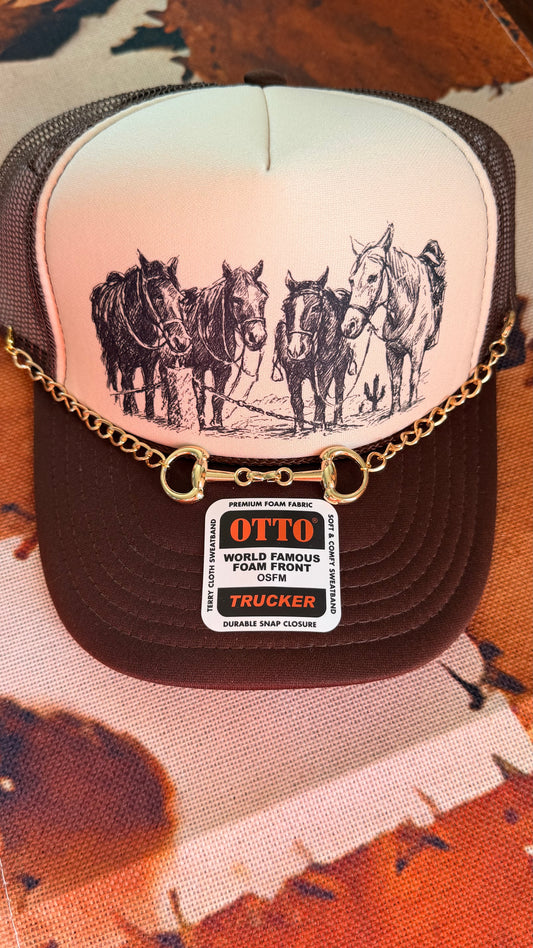 Western Horse Sketch Trucker Hat with  Bit Chain – Brown & Cream Otto