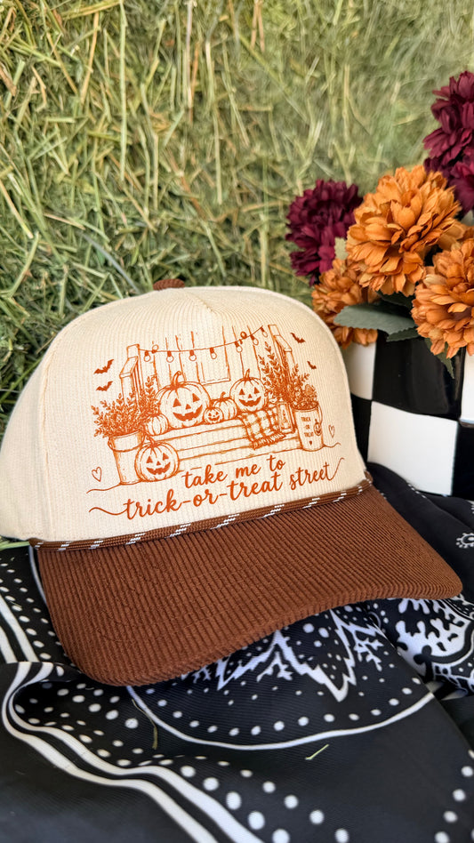 corduroy, trick-or-treat trucker hat