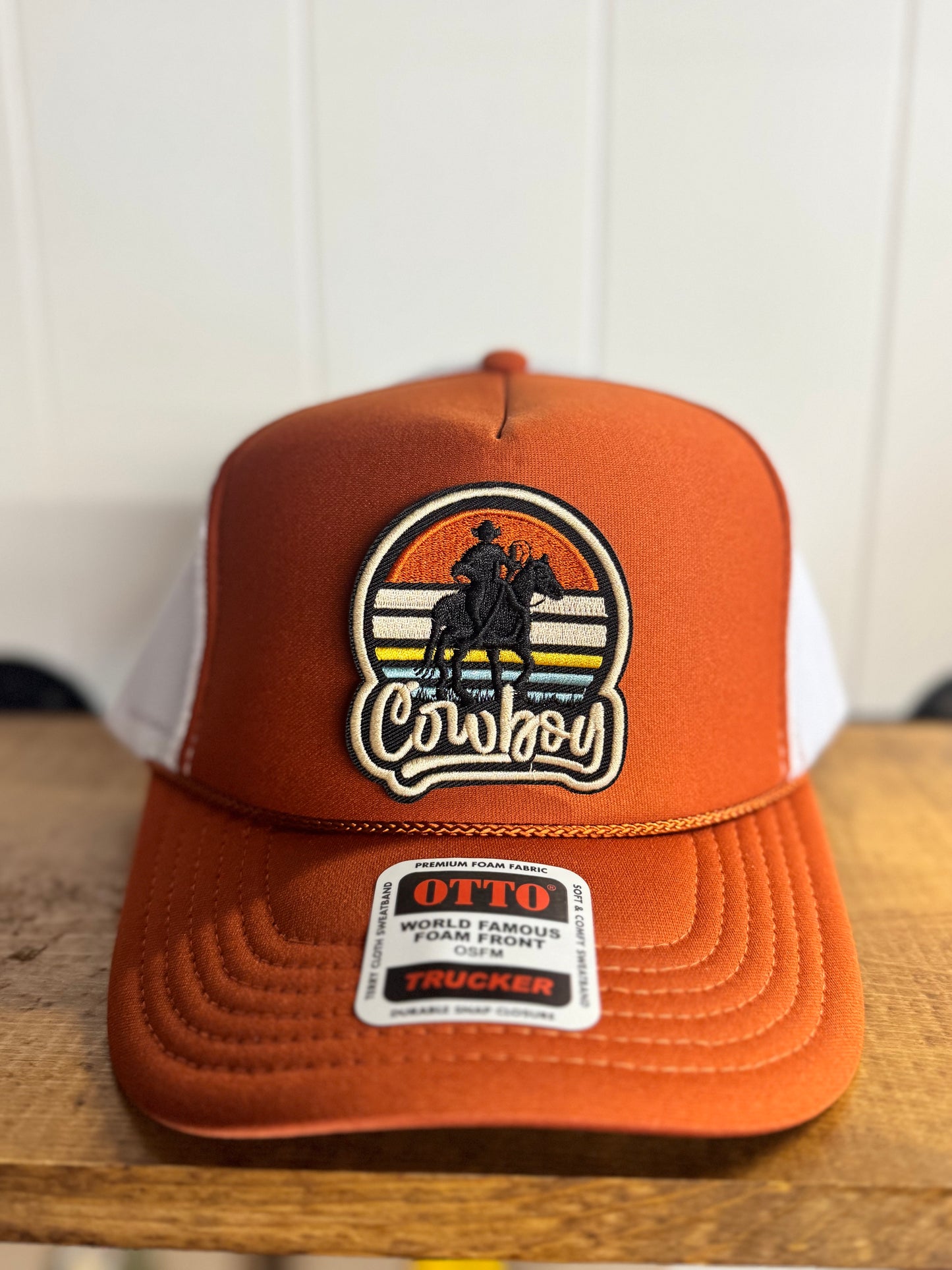 Cowboy Sunset Patch – Rust & White Otto Foam Trucker Hat