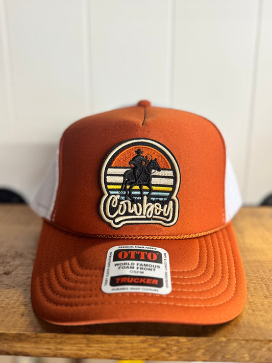 Cowboy Sunset Patch – Rust & White Otto Foam Trucker Hat