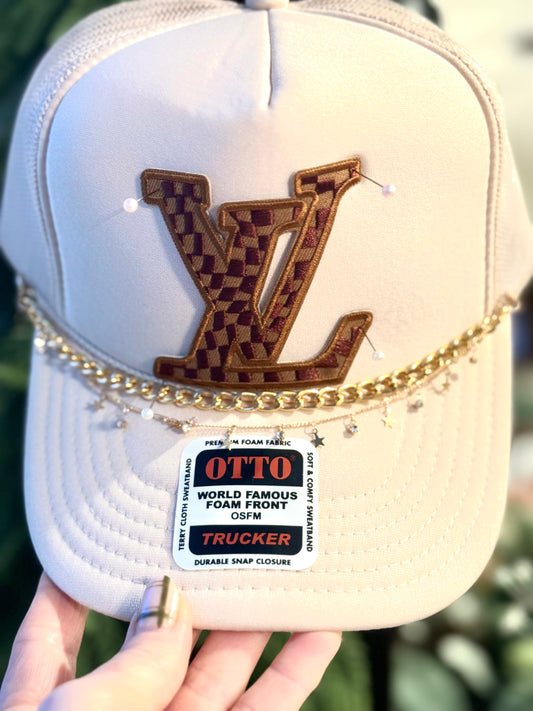 Cream LV-Inspired Trucker hat