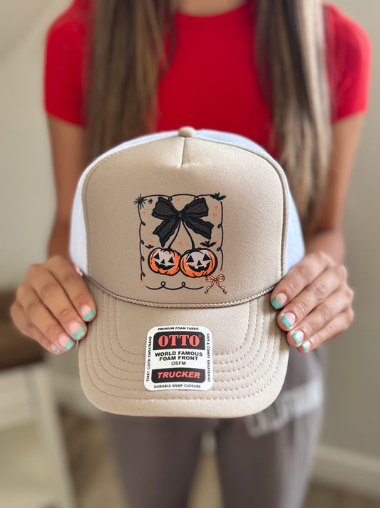 Halloween inspired Pumpkin Cherry Trucker Hat