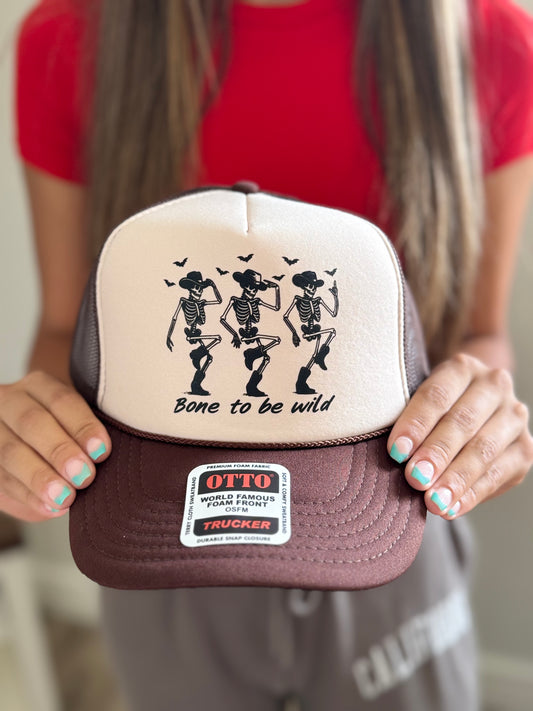 Halloween inspired  "Bone to be Wild ' skeleton trucker hat