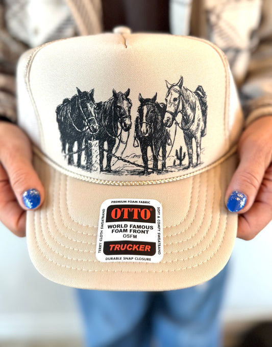 Hand drawn horses -western trucker hat