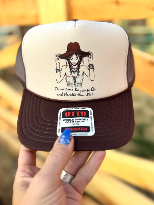 Turquoise cowgirl – hand drawn, western trucker hat